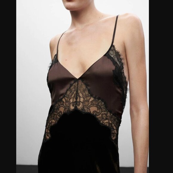 Jen Ceballos x Mango Dress Brown Velvet Black Lace Trim Maxi Long Wedding Guest - Picture 3 of 16